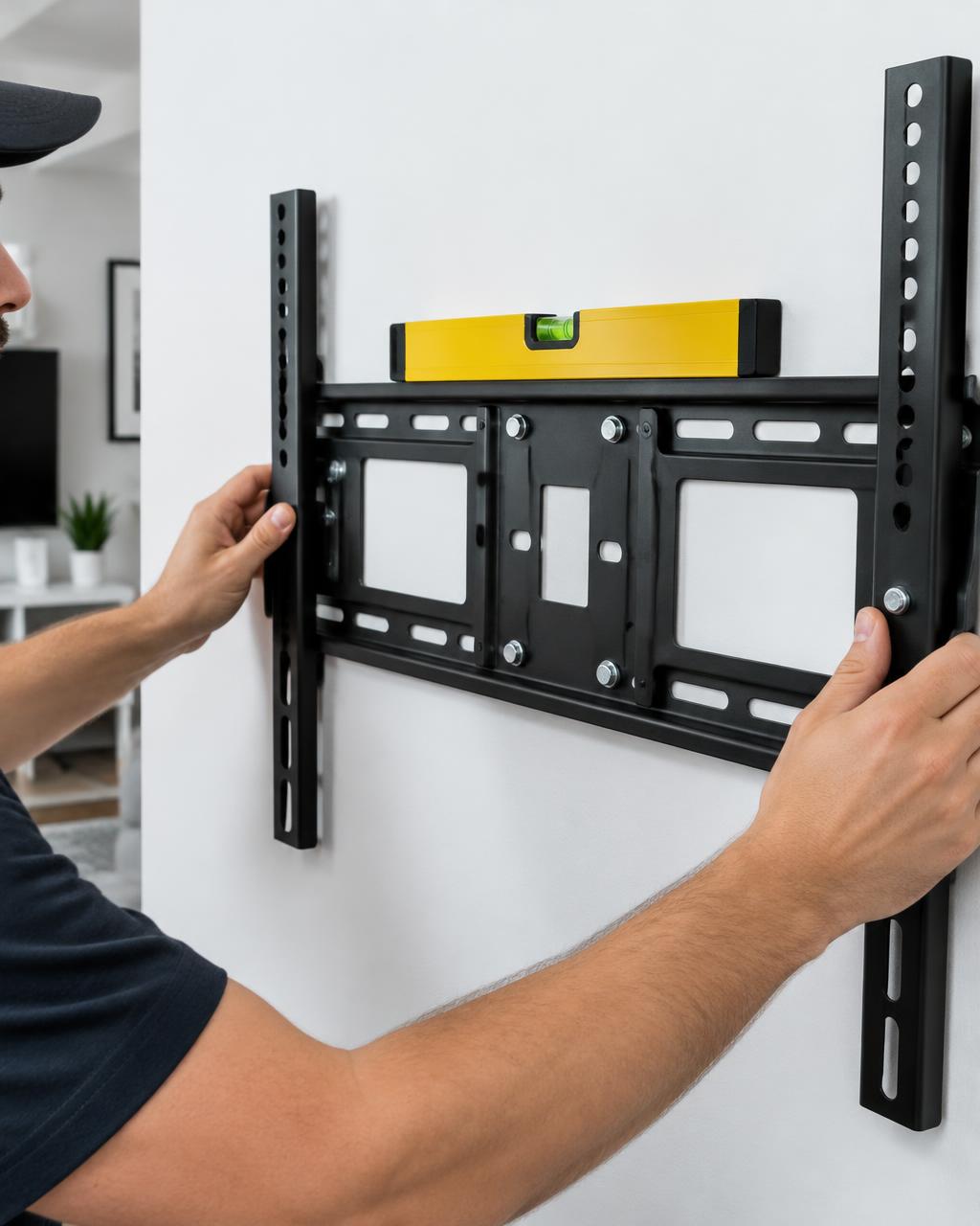 Installer leveling a TV wall mount bracket