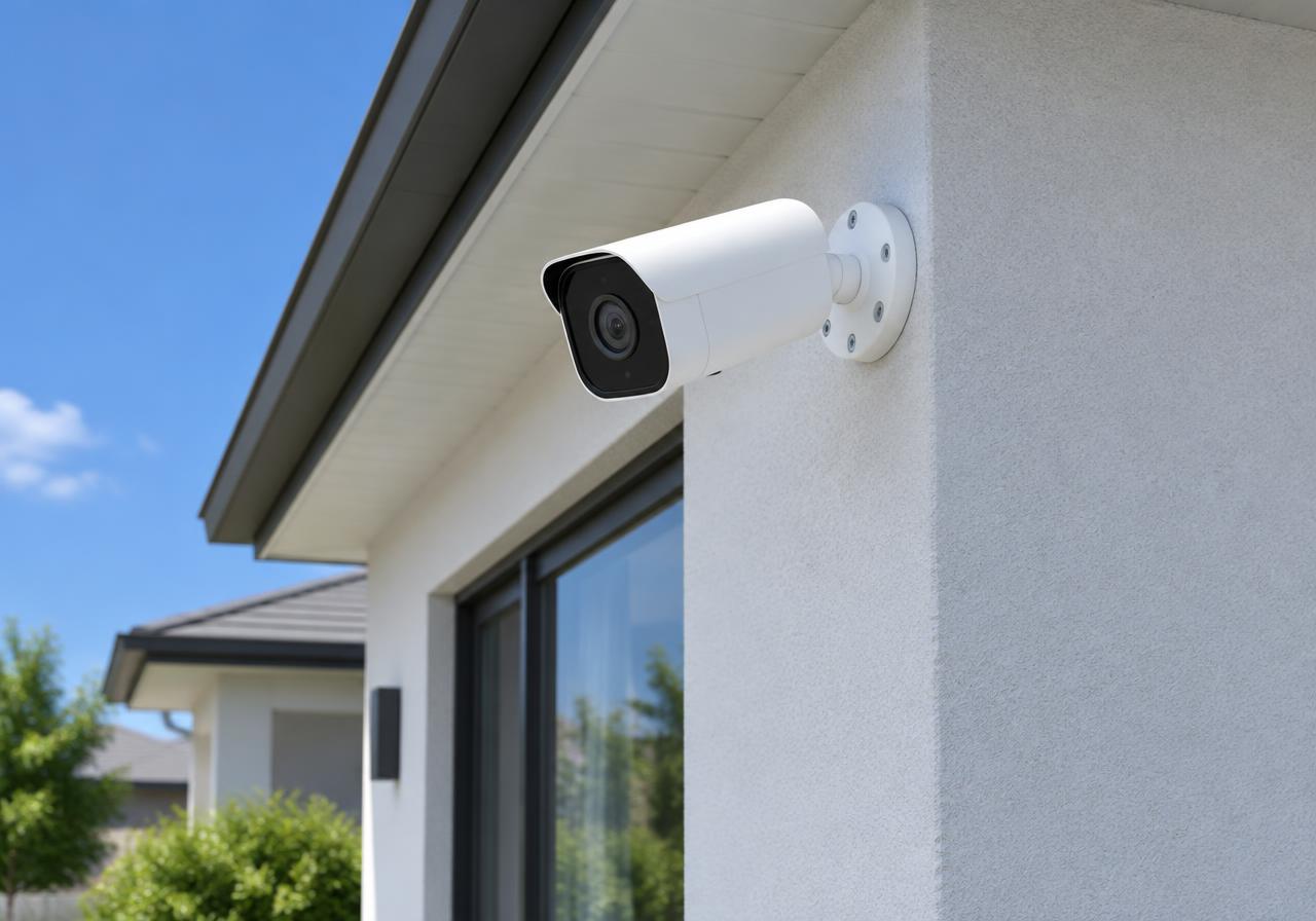 Outdoor security camera mounted on a residential home