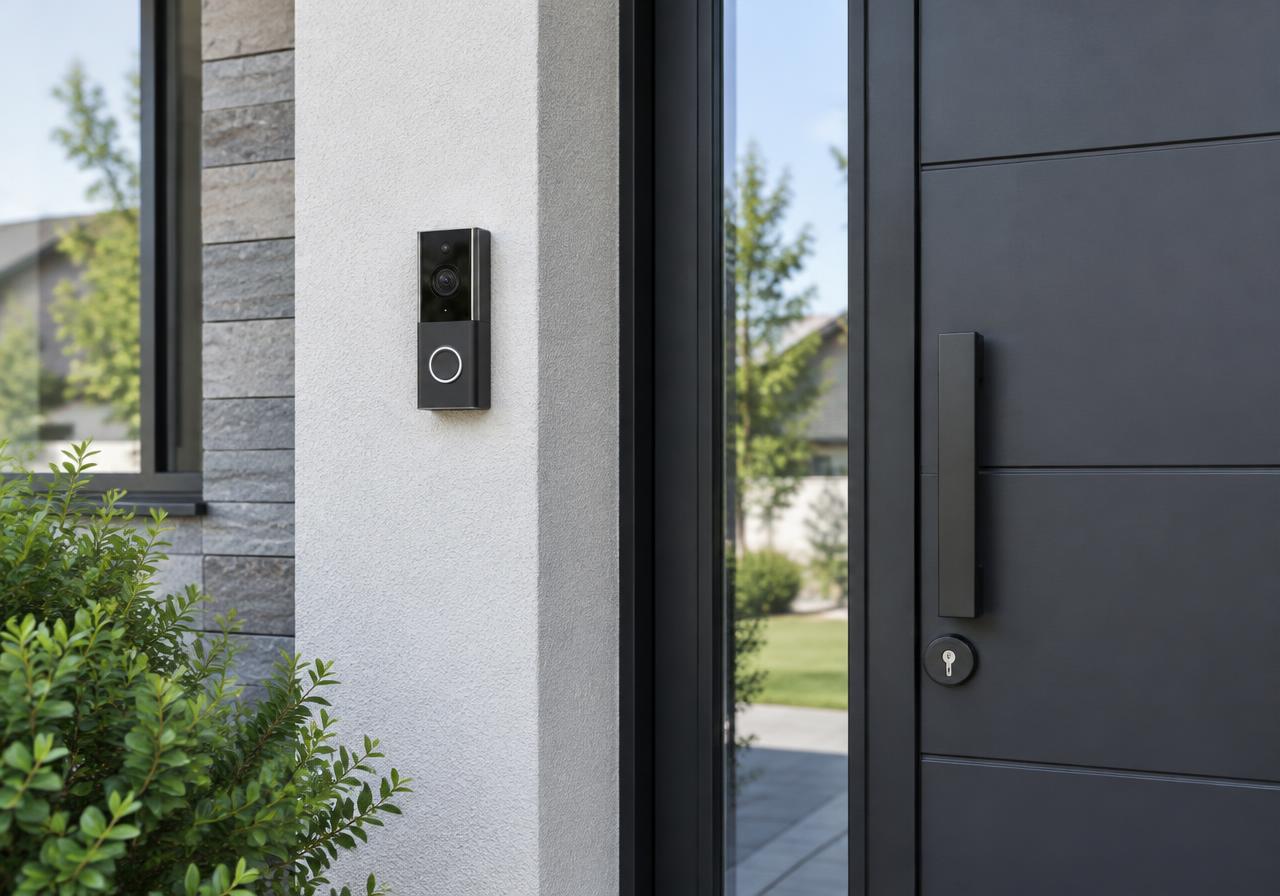 Smart video doorbell installed beside a modern front door