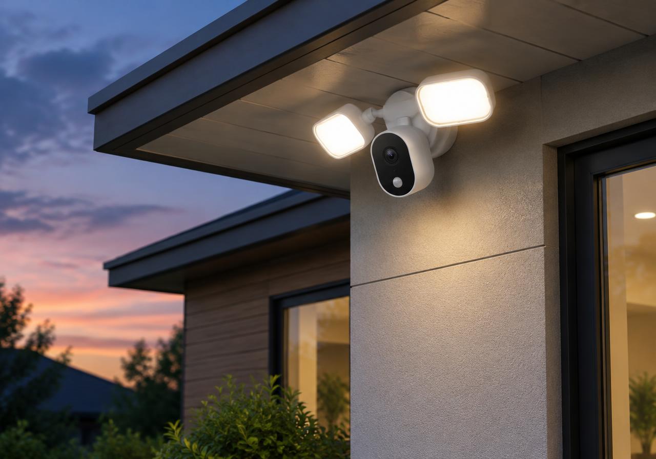 Outdoor floodlight camera installed on a home exterior at dusk