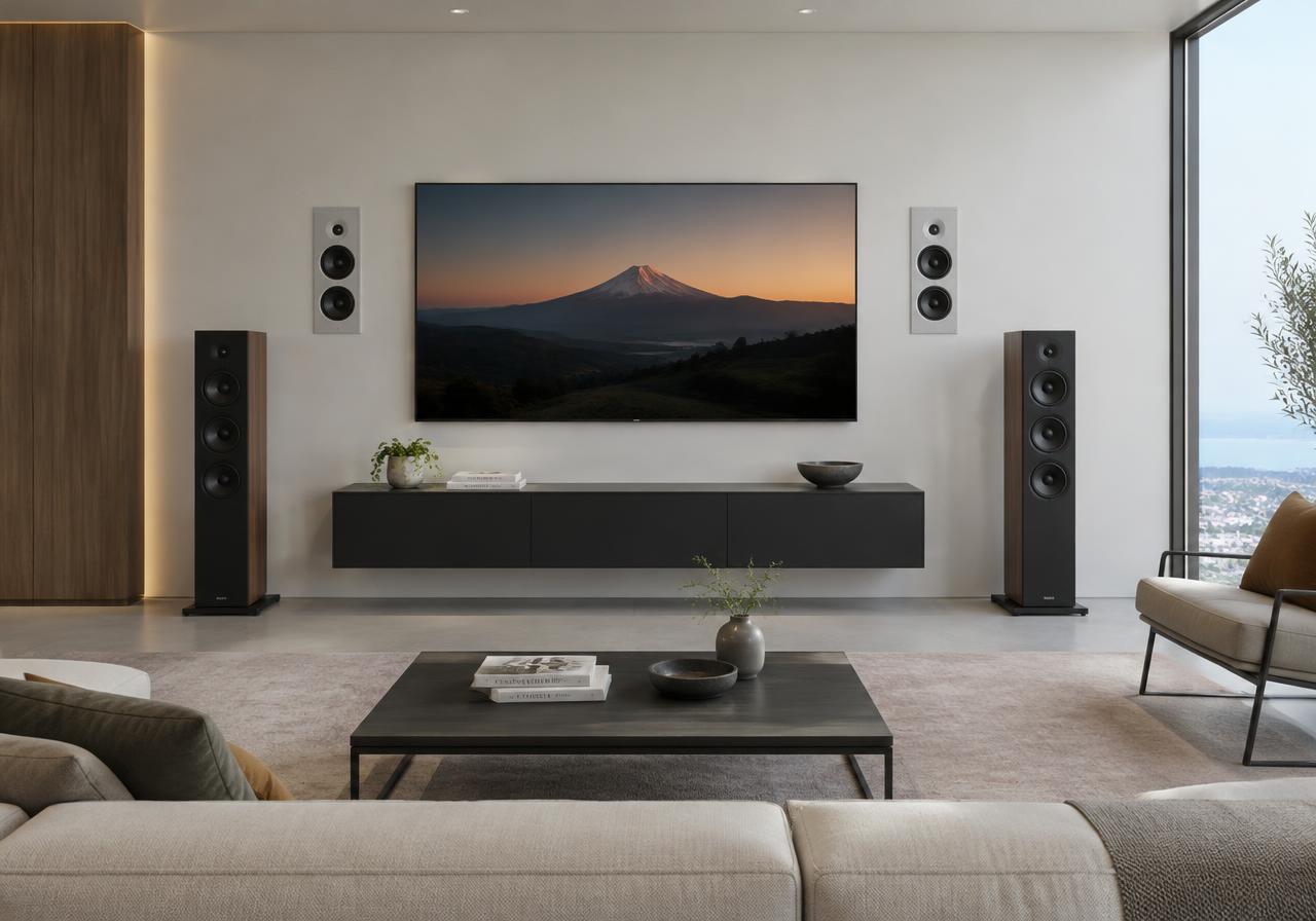 Living room with surround sound speakers arranged around a TV